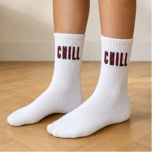 2 Çift Beyaz Chıll Yazılı Soket Çorap – Ribanalı Günlük Unisex Stil
