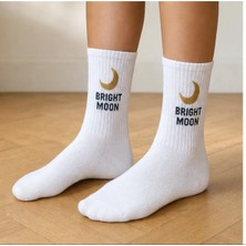 2 Çift Beyaz Brıght Moon Yazılı Ay Desenli Soket Çorap – Ribanalı Günlük Unisex Stil