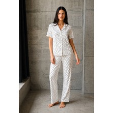Fit Women V Yaka Düğmeli Casual Kar Beyaz Pijama Takımı