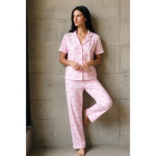 Fit Women V Yaka Düğmeli Casual Pembe Pijama Takımı