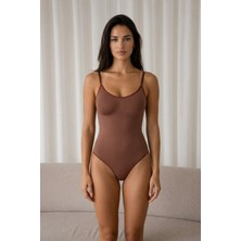 Fit Women Kadın Kapsız Cırt Cırtlı Düz Desen Kahverengi Body