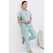 Fit Women V Yaka Kapama Lastik Bel Su Yeşili Pijama Takımı