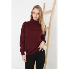 Velmora Fashion Kadın Yarım Boğaz Triko Yumuşak Dokulu Pamuklu Uzun Kollu Kazak - Bordo