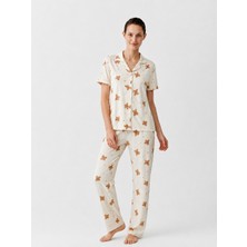 Fit Women Regular V Yaka Günlük Kırık Beyaz Pijama Takımı