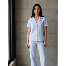 Fit Women V Yaka Düğmeli Casual Mavi Pijama Takımı