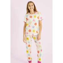 Siyah İnci Ekru Kız Çocuk %100 Pamuk Çiçek Baskılı Bisiklet Yaka Pijama TAKIM25110054