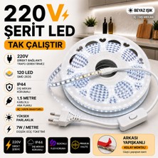 Dgn Led 220V Şerit LED (Beyaz Işık) 1 Metre 120 Led/m Trafosuz Tak Çalıştır 1,5m Fişli Aç/kapa Anahtarlı