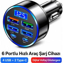 Hili 6 Portlu Hızlı Araç Şarj Cihazı 4 USB 2 Type-C Dijital Voltaj Göstergeli 12V-24V