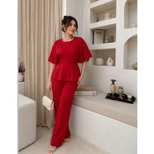 Kadın Kırmızı Belden Oturtmalı Bluz Bol Paça Pantolon 2’li Takım Şık Günlük Kombin