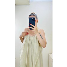 Büzgülü Askılı Ekru Maxi Boy Elbise