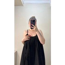 Büzgülü Askılı Siyah Maxi Boy Elbise