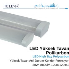 Teletek 80W 3 Koridor Fonksiyonlu ve Acil Durum Kitli LED Aydınlatma Armatürü   Beyaz Difüzör IP65 Polikarbon Yüksek Tavan Sıva Üstü, Endüstriyel
