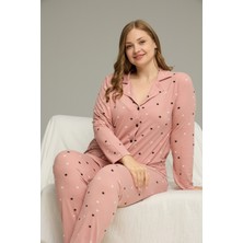 Siyah İnci Pudra Desenli Büyük Beden Battal Boy Gömlek Yaka Düğmeli Milan Örme Pijama TAKIM25224322