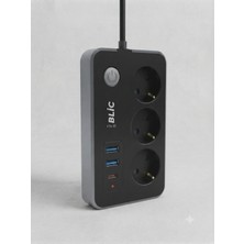 Blic Aura Akse Termal Akım Korumalı 3'lü Priz - 2x Usb-A & 1x Type-C Pd 20W Hızlı Şarjlı Siyah Grup Priz