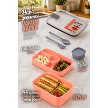 Porsima 3193 Vakumlu Kendinden Kaşık Çatallı Sosluklu Bölmeli Beslenme Çantası - Taşınabilir 2 Katlı Lunch Box - Sefer Tası 1200 ml Somon