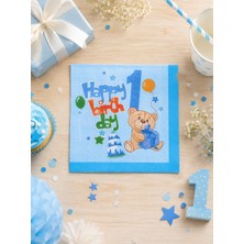 Parti Adresi 1 Yaş Peçete Happy Birthday Yazılı Erkek Çocuk Peçete Mavi