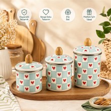 Alev Emaye 3’lü Emaye Kavanoz Seti Ahşap Kapaklı – Kalpli Desenli Mutfak Saklama Kabı (10-12-15 Cm)