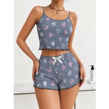 Alvenessa Kadın Gri Kalp Desenli Dantel Askılı Şortlu Pijama Takımı 5265