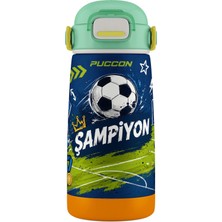 Puccon 420 ml Erkek Çocuk Lacivert Yeşil Futbol Topu Baskılı Pipetli Çelik Okul Suluğu Matarası - 60029