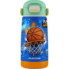 Puccon 420 ml Erkek Çocuk Basketbol Baskılı Mavi Kahverengi Çelik Matara Termos - Sızdırma - 60031