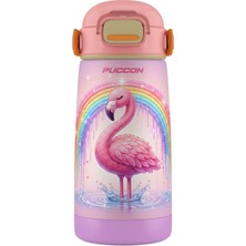 Puccon Kız Çocuk Pipetli 420 ml Matara Suluk Termos - Pembe Lila Flamingo Desenli Taşıma Askılı 60033