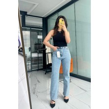 Büşra Ayhan Sim Detaylı Jean Pantolon –  Yüksek Bel Denim Buz Mavi - 40