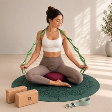 Rebuwo Meditasyon ve Yoga Destek Seti Yeşil - Mat 60CM + Kadife Minder + Yoga Kemeri + Mantar Blok 2li + Kademeli Germe Kayış