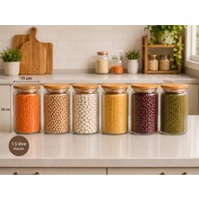 Mafa Home 6’lı Etiketli Cam Kavanoz Seti – Büyük Bambu Vakum Kapak Çizgili Erzak Un Bakliyat Saklama Kabı 1,5l