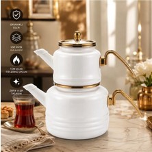 Alev Emaye Ikili Çaydanlık Takımı – 2,5 L Alt + 1,1 L Üst Demlik, Paslanmaz Çelik, Şık Gold Tasarım