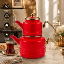 Alev Emaye Ikili Çaydanlık Takımı – 2,5 L Alt + 1,1 L Üst Demlik, Paslanmaz Çelik, Şık Gold Tasarım