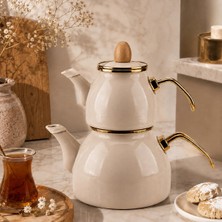 Alev Emaye Pastel Renk Gold Çaydanlık | 2 Parçalı Çaydanlık Seti | Şık Tasarım Ahşap Kapaklı