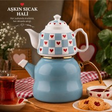 Alev Emaye Kalp Desenli Emaye Çaydanlık Takımı | Porselen Demlik | Şık & Dayanıklı | Hediye Seti