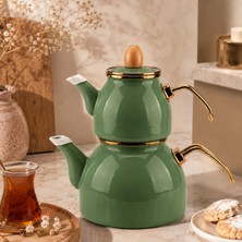 Alev Emaye Pastel Renk Gold Çaydanlık | 2 Parçalı Çaydanlık Seti | Şık Tasarım Ahşap Kapaklı
