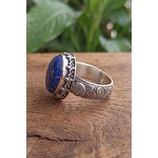 Takıdepo Kalem Işlemeli Oval Model Lapis Lazuli Taşlı Gümüş Yüzük