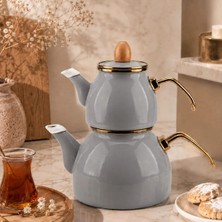 Alev Emaye Pastel Renk Gold Çaydanlık | 2 Parçalı Çaydanlık Seti | Şık Tasarım Ahşap Kapaklı