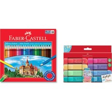 Faber Castell 24 Renk Kuru Boya ve 8'li Textliner Pastel Fosforlu Kalem Seti Ikisi Birarada Set