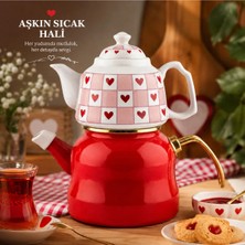 Alev Emaye Kalp Desenli Emaye Çaydanlık Takımı | Porselen Demlik | Şık & Dayanıklı | Hediye Seti