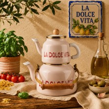 Alev Emaye La Dolce Vita Emaye Çaydanlık Seti – Kapaklı Vintage Çaydanlık, Pembe Italyan Desenli