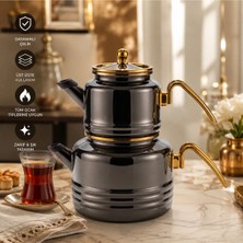 Alev Emaye Ikili Çaydanlık Takımı – 2,5 L Alt + 1,1 L Üst Demlik, Paslanmaz Çelik, Şık Gold Tasarım