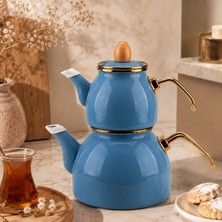Alev Emaye Pastel Renk Gold Çaydanlık | 2 Parçalı Çaydanlık Seti | Şık Tasarım Ahşap Kapaklı