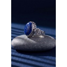 Takıdepo Gravür Desen Işlemeli Oval Doğal Lapis Lazuli Taşlı El Işi Erkek Gümüş Yüzük