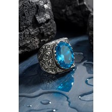Takıdepo Erzurum Kalem Işçiliği Saltanat Model Mavi Topaz Zirkon Taşlı Erkek Yüzük