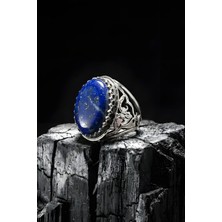Takıdepo Ters Lale Desenli El Işi Lapis Lazuli Taşlı Gümüş Yüzük