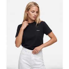 Frena Kadın Dekoratif Yaka Tok Doku Nakış Detaylı %100 Pamuk Siyah T-Shirt