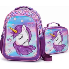 Astral Kids Ünicorn Desenli Okul Çantası Ikili Sırt Çantası ve Beslenme Kaliteli Ünicorn Desenli