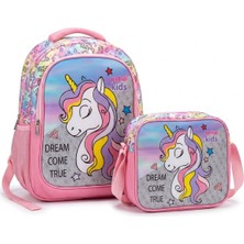 Astral Kids Ünicorn Desenli Okul Çantası Ikili Sırt Çantası ve Beslenme Kaliteli Ünicorn Desenli