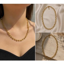 Fm 💎 Premium Parlak ve Şık Gold Renk Geometrik Zincir 316L Çelik Kadın Kolye (45cm)