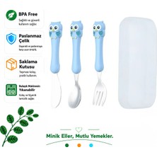 Jojobebek Mavi-Baykuş Figürlü Premium Çocuk Bpa Free Paslanmaz Çelik Uçlu Çatal-Kaşık-Bıçak Set 12+ Ay