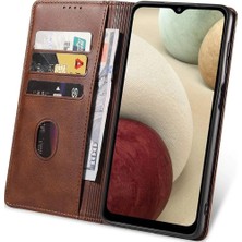 Mucize Samsung Galaxy A12 Uyumlu - Cüzdan Tipli Deri Görünümlü Mıknatıslı Koruyucu Telefon Kılıfı (Taba / Kahverengi)