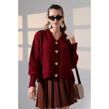 Bacc Bordo Motif Desenli Düğmeli Triko Hırka